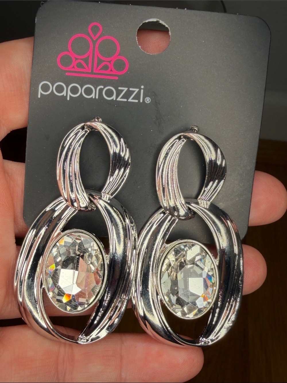 Paparazzi Silver-Tone Oval Drop Earrings with Clear Stones